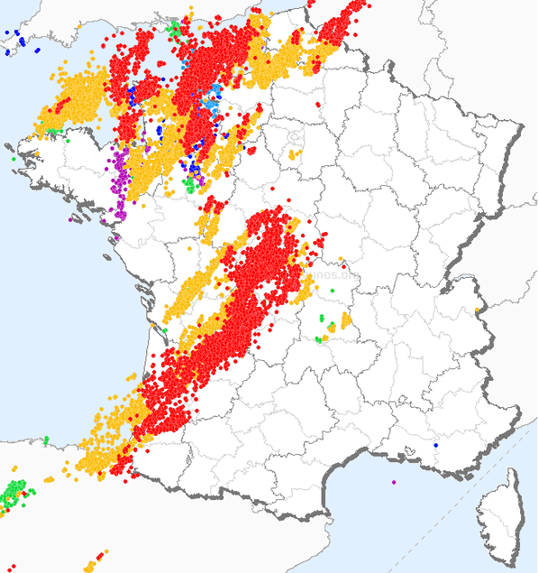 Carte impact foudre en direct / temps réel et dernières 24h